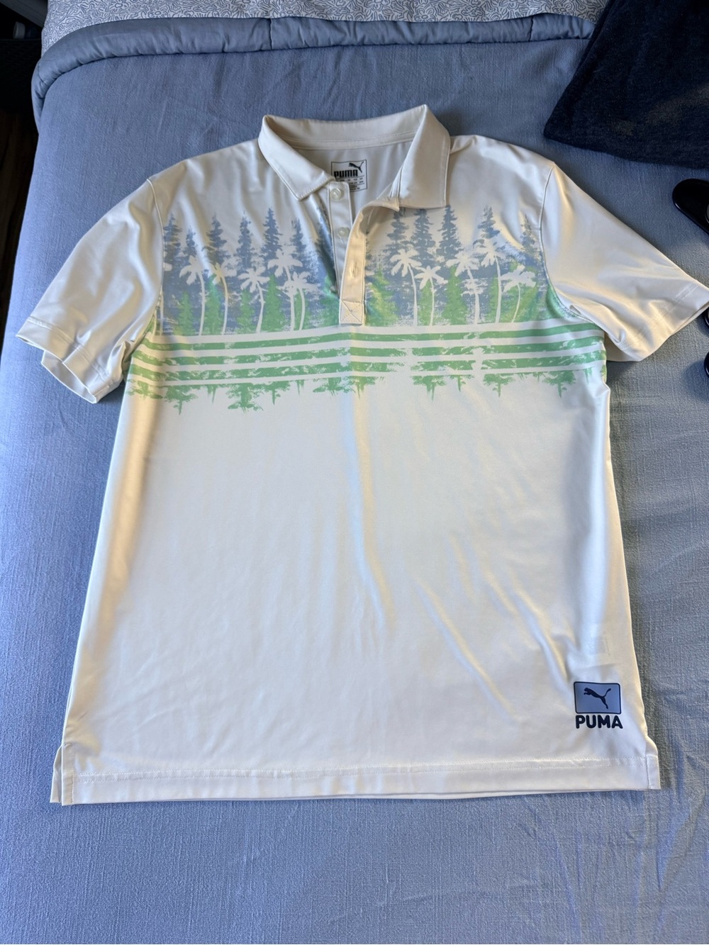 Puma White Polo with Blue & Green Palm Graphic